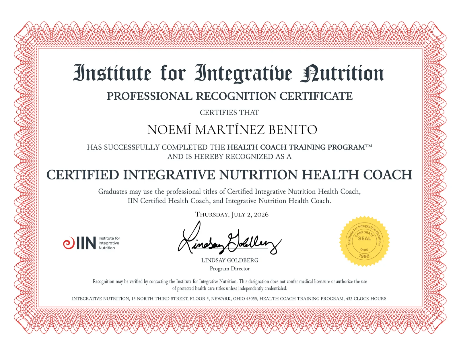 Professional Recognition Certificate from the Institute for Integrative Nutrition, awarded to Noemí Martínez Benito