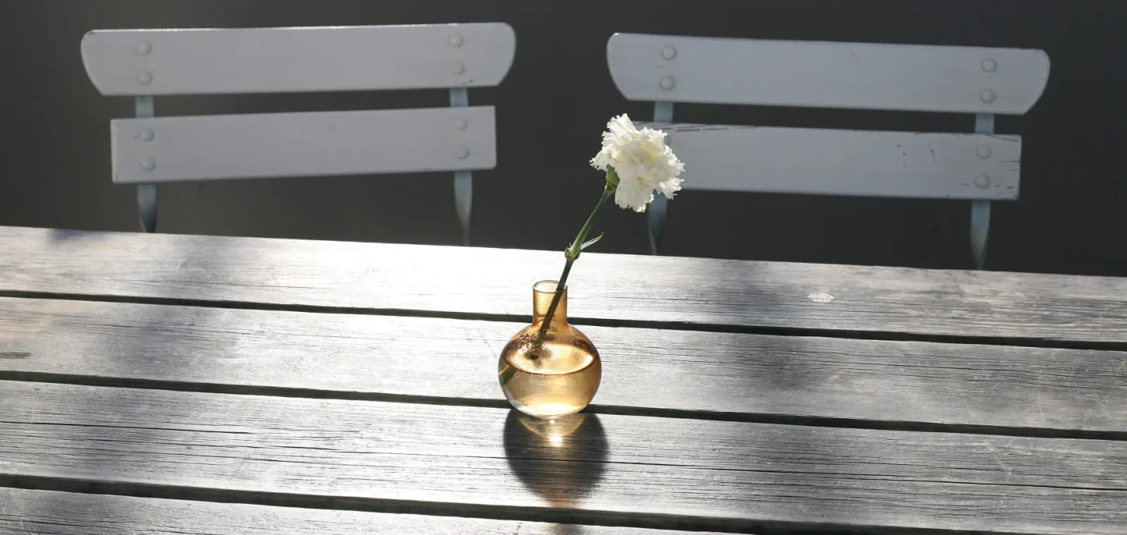 A single white carnation in a small amber glass vase on a sunlit wooden table, with two empty white chairs in the background — a quiet moment of stillness.