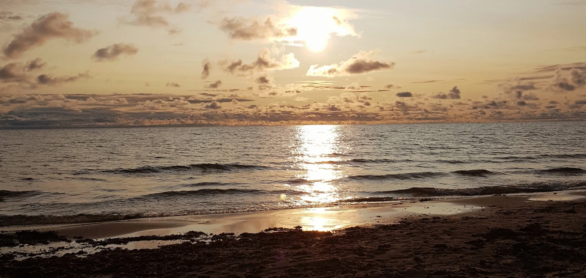 A calm sea at sunset, with golden light reflecting across gentle waves onto a soft, sandy shore — a quiet horizon that invites stillness.