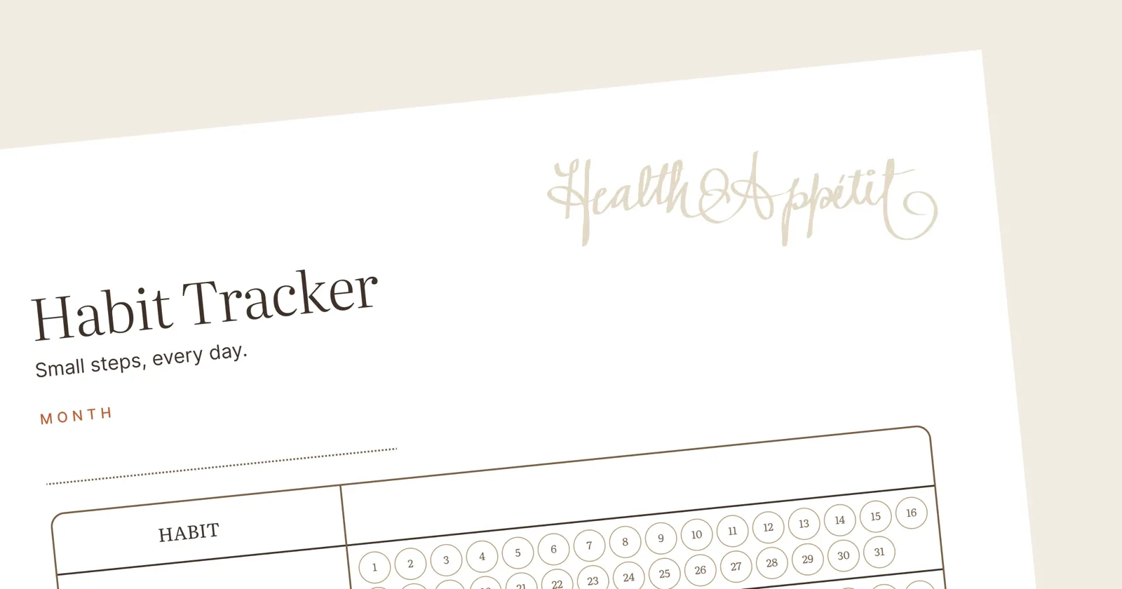 Preview of the printable Health Appétit habit tracker — a single-page chart with three habits across seven days.