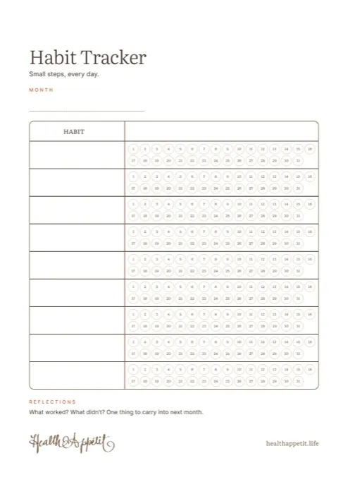 Preview of the printable Health Appétit habit tracker — a single-page chart with three habits across seven days.