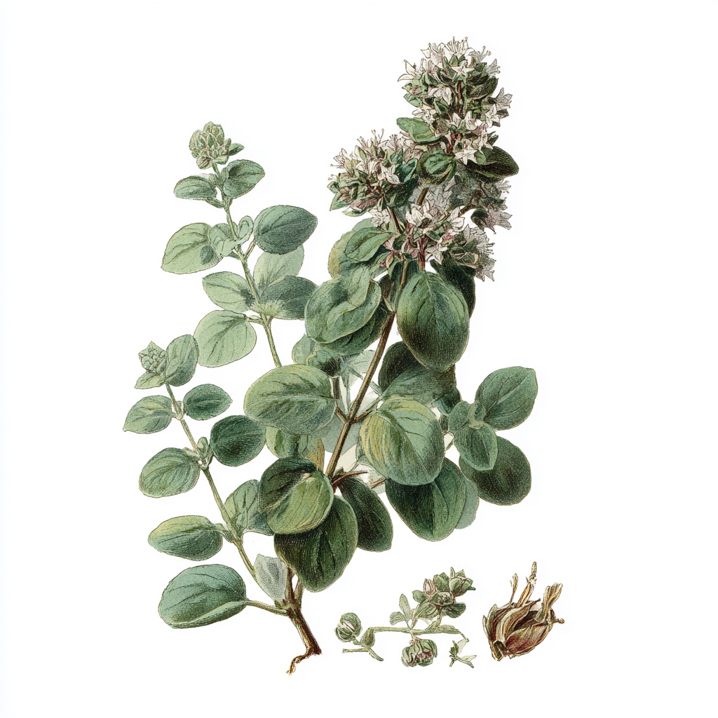 A botanical illustration of oregano — a branching stem of ovate sage-green leaves with dense clusters of small two-lipped pale-pink flowers at the top, and a dissected calyx-and-corolla detail at the base.